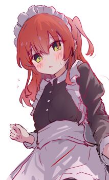 alternate_costume apron black_dress blush bocchi_the_rock! commentary_request dress enmaided frilled_apron frills from_below highres kemu1209 kita_ikuyo long_hair long_sleeves looking_at_viewer maid maid_apron maid_headdress one_side_up red_hair shirt skirt sweat translation_request waist_apron white_apron white_shirt white_skirt wrist_cuffs yellow_eyes