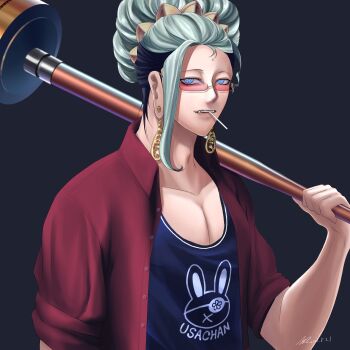 1boy absurdres animal_print bindi black_background blue_eyes blue_hair blue_tank_top buddha_(shuumatsu_no_valkyrie) candy collarbone crown crown_hair_ornament crown_ornament ear_piercing earrings facial_mark fangs food forehead_mark from_side glasses gold_crown gold_earrings green_hair hair_bun half-closed_eyes highres holding holding_staff jewelry lollipop lollipop_in_mouth long_hair looking_at_viewer loose_hair_strand male_focus multicolored_hair muscular muscular_male open_clothes open_shirt pectoral_cleavage pectorals piercing pink_glasses rabbit_print rectangular_eyewear red_shirt shirt shuumatsu_no_valkyrie simple_background sleeves_rolled_up solo staff tank_top teeth toned toned_male unbuttoned unbuttoned_shirt upper_body