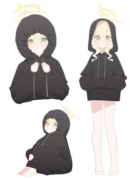 1girl absurdres black_hoodie blonde_hair blue_archive blush closed_mouth drawstring green_eyes halo highres honi_(honi1010) hood hood_up hoodie long_hair long_sleeves looking_at_viewer multiple_views professor_niyaniya_(blue_archive) simple_background sitting smile standing white_background yellow_halo