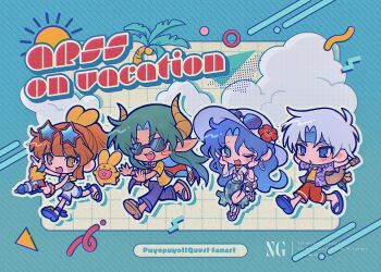 2boys 2girls :o ;d arle_nadja arms_behind_head blue_eyes blue_hair blue_headband blue_pants blue_sandals blunt_bangs blush blush_stickers bracelet brown_eyes brown_hair brown_sandals carbuncle_(puyopuyo) chibi chibi_only cloud commentary copyright_name creature curtained_hair demon_boy drop_shadow earrings eyewear_on_head eyewear_on_headwear fang floral_print flower flower_necklace full_body green_hair grey_hair half_updo hands_on_own_cheeks hands_on_own_face hat headband hibiscus highres holding holding_water_gun hoop_earrings horns instrument jewelry lei multiple_boys multiple_girls necklace one_eye_closed open_clothes open_mouth open_shirt palm_tree pants parted_bangs pointy_ears purple_shirt puyopuyo puyopuyo_quest red-framed_eyewear red_flower red_scrunchie red_shorts rulue_(puyopuyo) running sandals sarong satan_(puyopuyo) schezo_wegey scrunchie shirt short_hair short_sleeves shorts single_blush_sticker smile soinjan star-shaped_eyewear star_(symbol) sun sunglasses tan tied_shirt tree ukulele undershirt water_gun white_hat white_shirt white_shorts wrist_scrunchie yellow_shirt