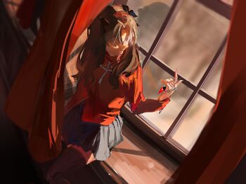 Rule 34 | 1girl, black hair, black ribbon, black skirt, black thighhighs, commentary request, cross, curtains, evening, fate/stay night, fate (series), hair ribbon, highres, jewelry, long hair, red shirt, ribbon, rin's pendant (fate), shirt, skirt, solo, sunlight, thighhighs, tohsaka rin, twintails, ubwmitekure, window