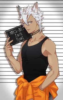 Rule 34 | 1boy, animal ears, black tank top, commentary request, con potata, cowboy shot, dark-skinned male, dark skin, grey hair, hand in pocket, highres, holding, holding sign, jack howl, jewelry, jumpsuit, looking at viewer, male focus, mugshot, necklace, orange jumpsuit, prison clothes, short hair, sign, tail, tank top, tooth necklace, twisted wonderland, white background, wolf boy, wolf ears, wolf tail, yellow eyes