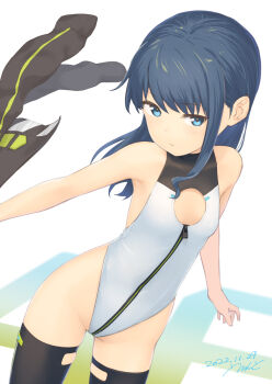 1girl alice_gear_aegis black_jacket black_thighhighs blue_eyes blue_hair booth_babe circle_cutout cleavage_cutout clothing_cutout commentary_request cowboy_shot dark_blue_hair errant female_focus flat_chest heattech_leotard highleg highleg_leotard highres holding holding_unworn_clothes holding_jacket holding_unworn_clothes jacket koashi_mutsumi leotard long_hair race_queen solo standing thighhighs turtleneck unworn_jacket white_leotard zipper zipper_leotard