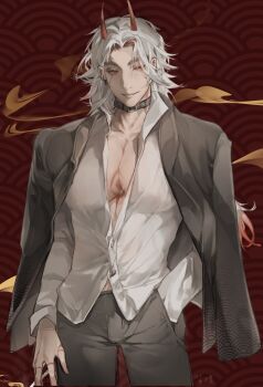 1boy absurdres arataki_itto black_jacket black_pants body_markings chest_tattoo cigarette collar commentary_request facepaint fangs genshin_impact hand_in_pocket hand_tattoo highres holding holding_cigarette horns jacket large_pectorals male_chest male_focus maofan multicolored_hair oni pants pectoral_cleavage pectorals red_eyes red_horns shirt smoke tattoo two-tone_hair white_shirt