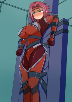 1girl absurdres blue_eyes blush bodysuit bound bound_arms bound_legs breasts code_geass headband highres kouzuki_kallen large_breasts medium_hair migimuki_karei parted_bangs red_bodysuit red_hair red_headband solo