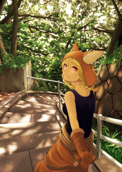 Rule 34 | 1girl, animal ears, aviator cap, bare shoulders, blonde hair, braid, commentary request, dappled sunlight, gloves, highres, hotateyuki, looking at viewer, nature, original, outdoors, red eyes, short hair, smile, solo, stairs, sunlight, tank top, twin braids
