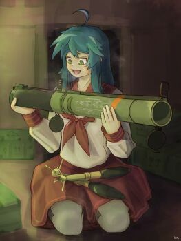 absurdres blue_hair bow green_eyes highres holding holding_weapon izumi_konata lucky_star m72_law mole mole_under_eye non-web_source pahta red_bow red_skirt rocket_launcher ryouou_school_uniform school_uniform shirt skirt smile socks weapon white_shirt white_socks