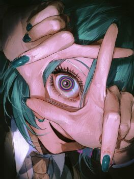 Rule 34 | 1girl, aqua hair, aqua nails, black mouth, close-up, collared shirt, evil smile, hands up, hatsune miku, highres, looking at viewer, monitoring (vocaloid), multicolored eyes, necktie, open mouth, portrait, rainbow eyes, ringed eyes, seapall, shirt, short hair, smile, solo, vocaloid