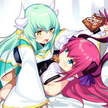 2girls 7dango7 bare_shoulders blue_eyes blush breasts chocolate_chip_cookie collar cookie corset curled_horns detached_sleeves dragon_girl dragon_horns elizabeth_bathory_(fate) elizabeth_bathory_(second_ascension)_(fate) fate/grand_order fate_(series) food frilled_collar frills glowing glowing_eyes green_hair green_kimono grey_skirt hair_ribbon horns japanese_clothes kimono kiyohime_(fate) kiyohime_(second_ascension)_(fate) long_hair long_sleeves lying mouth_hold multiple_girls open_mouth pink_hair pointy_ears ribbed_shirt ribbon shirt skirt sleeveless sleeveless_shirt small_breasts two_side_up white_shirt white_sleeves wide_sleeves yellow_eyes