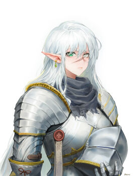 1girl absurdres arecus armor artist_name chinese_commentary closed_mouth earrings elf full_armor green_eyes unworn_headwear helmet unworn_helmet highres holding holding_unworn_helmet jewelry knight long_hair looking_at_viewer original partially_blind pauldrons pointy_ears scar scar_across_eye scar_on_face scar_on_nose serious shoulder_armor solo upper_body white_background white_hair