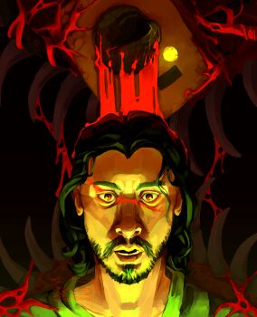 Rule 34 | 1boy, beard, black eyes, black hair, blood, blood on face, bloody tears, commentary, creature, english commentary, facial hair, facing viewer, highres, horror (theme), iron lung (movie), looking at viewer, male focus, medium hair, parted lips, simon (iron lung), underlighting, wavy hair, wyrmianbones