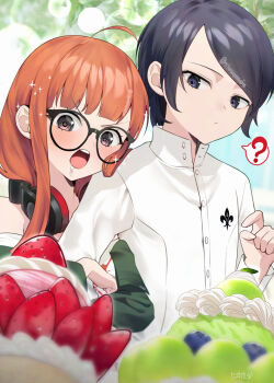 1boy 1girl ? aged_down ahoge artist_name black-framed_eyewear blue_eyes blue_hair blueberry blunt_bangs blurry blush bokeh brown_eyes cake closed_mouth commentary_request depth_of_field dress_shirt drooling food fruit glasses green_jacket headphones headphones_around_neck highres jacket jacket_partially_removed kitagawa_yuusuke locked_arms long_hair looking_at_another looking_at_food mozuku_3 off-shoulder_shirt off_shoulder open_mouth orange_hair persona persona_5 sakura_futaba saliva shirt short_hair sidelocks sparkle sparkling_eyes spoken_question_mark strawberry_cake teeth twitter_username upper_body upper_teeth_only whipped_cream white_shirt