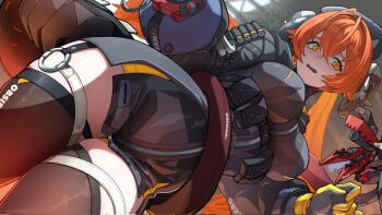 1girl black_horns breasts curled_horns dragon_girl dragon_horns gloves highres horns magus_(zenless_zone_zero) mechanical_horns mechanical_tail mendo0821 orange_hair orange_pupils orphie_magnusson solo tail thighs yellow_gloves zenless_zone_zero