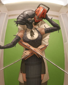 1boy 1girl alternate_form apron black_apron black_gloves black_ribbon black_shorts black_thighhighs bomb_devil_(chainsaw_man) chainsaw chainsaw_man denji_(chainsaw_man) dynamite elbow_gloves explosive gloves green_screen hetero highres hug hug_from_behind neck_ribbon object_head ribbon sharp_teeth shekisheki15 shirt shorts sleeveless sleeveless_shirt sleeves_rolled_up teeth thighhighs white_shirt