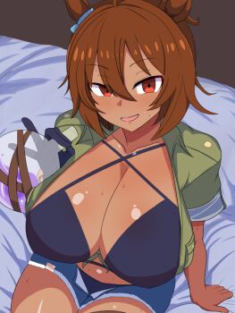 1girl agnes_tachyon_(lunatic_lab)_(umamusume) agnes_tachyon_(umamusume) alternate_breast_size_(larger) animal_ears bikini black_bikini black_gloves blue_shorts blush breasts brown_hair cleavage commentary_request cowboy_shot dark-skinned_female dark_skin flask gloves green_jacket hair_between_eyes halterneck holding holding_flask horse_ears horse_girl huge_breasts jacket legion_(lovers6) looking_at_viewer open_fly open_mouth potion red_eyes round-bottom_flask short_sleeves shorts single_glove sitting smile solo swimsuit swimsuit_under_clothes tan umamusume