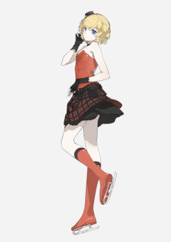 1girl absurdres adjusting_hair bare_arms bare_shoulders black_bow black_choker black_gloves black_hat black_skirt blonde_hair boots bow bow_skirt choker closed_mouth collarbone commentary_request eyelashes fingerless_gloves full_body gloves grey_background hat hat_bow highres ice_skates idol knee_boots lace lace-trimmed_skirt lace_trim layered_skirt looking_at_viewer mini_hat miniskirt morgue_(southsakura) plaid_clothes plaid_skirt pocket pretty_rhythm pretty_rhythm_aurora_dream pretty_series purple_eyes red_boots red_shirt red_skirt shirt short_hair simple_background skates skirt smile solo strapless strapless_shirt swept_bangs takamine_mion white_bow