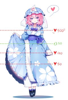 1girl absurdres black_shoes blue_kimono breasts frills full_body hat heart highres japanese_clothes kimono large_breasts lifting_own_clothes like_and_retweet long_sleeves looking_at_viewer medium_hair pink_eyes pink_hair puffy_sleeves saigyouji_yuyuko shoes sia_6767 smile solo spoken_heart touhou veil white_background