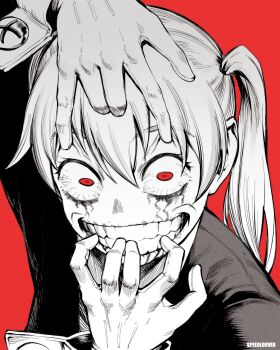 1girl absurdres clenched_teeth crazy_eyes crazy_smile gloves grin highres maka_albarn monochrome red_background red_eyes smile solo soul_eater speedl00ver spot_color tagme teeth twintails wide-eyed