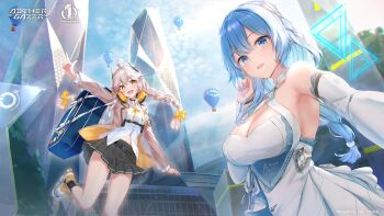 2girls aether_gazer ahoge aircraft artist_request black_skirt blazer blue_eyes blue_hair bow braid breasts brown_jacket cleavage collared_shirt copyright_name copyright_notice detached_sleeves dress grey_hair hair_ornament hot_air_balloon jacket kachayori long_braid multiple_girls navel official_art pleated_skirt poseidon_(aether_gazer) second-party_source shirt shoes skirt twin_braids white_dress white_shirt white_sleeves yellow_bow yellow_eyes yellow_shoes zenkibo_tengu