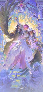 Rule 34 | 1boy, 1girl, absurdres, bird, black veil, black wings, blunt bangs, brown cape, brown eyes, brown hair, cape, closed mouth, detached sleeves, dress, feathered wings, flower, frills, full body, gem, halo, halo behind head, head wings, hetero, highres, holding, holding flower, holding sword, holding weapon, long hair, long sleeves, looking at another, original, parted lips, purple eyes, purple hair, san wu maoliang, short hair, stairs, standing, statue, sword, two-sided fabric, two-sided veil, veil, watermark, weapon, white dress, white flower, white wings, wings, yellow flower, yellow halo