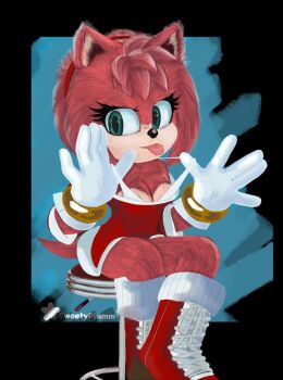 :p amy_rose arms_up black_background boots bra bracelet breasts chair cleavage dress gloves gold_bracelet green_eyes hairband jewelry knee_boots large_breasts pink_fur pink_hair pulling_bra red_boots red_hairband short_dress simple_background sitting sonic_(live_action) sonic_(series) tail tongue tongue_out underwear white_bra white_gloves