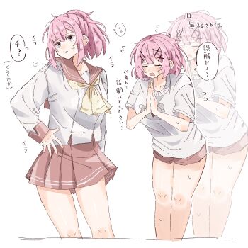Rule 34 | amaori haruna, amaori renako, anger vein, artist request, commentary request, flying sweatdrops, hair ornament, hand on own hip, highres, long sleeves, medium hair, neckerchief, pink hair, pleated skirt, ponytail, sailor collar, shirt, short ponytail, short shorts, shorts, siblings, sisters, skirt, watashi ga koibito ni nareru wake naijan murimuri!, white shirt, x hair ornament, yellow neckerchief