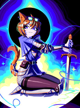 Rule 34 | 1girl, andaerz, animal ears, armor, armor under clothes, armored boots, bag, belt, blue capelet, blue eyes, boots, bracer, capelet, cat ears, cat girl, cat tail, character request, commission, copyright request, eyewear on head, glasses, highres, knee guards, orange hair, pantyhose, planted, planted sword, planted weapon, satchel, seiza, short hair, sitting, spikes, sword, tail, weapon