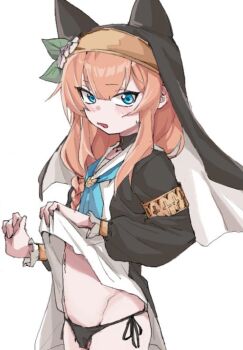 1girl blue_archive blue_eyes looking_at_viewer mari_(blue_archive) nun orange_hair panties rkgk_ojisan simple_background solo underwear veil white_background