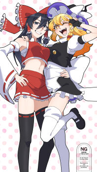 2girls absurdres apron back_bow bare_shoulders black_eyes black_hair black_shoes black_skirt black_thighhighs blonde_hair bow braid braided_sidelock breasts commentary_request cropped_shirt frilled_bow frilled_hair_tubes frilled_skirt frills hair_between_eyes hair_bow hair_tubes hakurei_reimu hand_on_another&#039;s_shoulder hand_on_another&#039;s_waist hand_on_own_hip hat highres hinori7210 kirisame_marisa long_hair looking_at_viewer midriff miniskirt multiple_girls one_eye_closed open_mouth polka_dot polka_dot_background puffy_short_sleeves puffy_sleeves red_shirt red_skirt ribbon-trimmed_sleeves ribbon_trim sarashi shirt shoes short_sleeves skirt smile standing standing_on_one_leg teeth thighhighs touhou v white_apron white_thighhighs wide_sleeves witch_hat