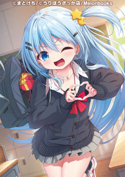 1girl ;d bag black_cardigan black_socks blue_eyes blue_hair blurry blurry_background bow box cardigan chair collarbone collared_shirt crescent crescent_hair_ornament depth_of_field desk dress_shirt gift gift_box grey_skirt hair_between_eyes hair_ornament hairclip heart heart-shaped_box heart_hands indoors jewelry long_sleeves matokechi melonbooks official_art one_eye_closed one_side_up open_mouth original pendant pleated_skirt puffy_long_sleeves puffy_sleeves red_bow school_bag school_chair school_desk school_uniform shirt shoes skirt sleeves_past_wrists smile socks solo standing standing_on_one_leg star_(symbol) star_hair_ornament v-shaped_eyebrows white_shirt white_shoes wooden_floor