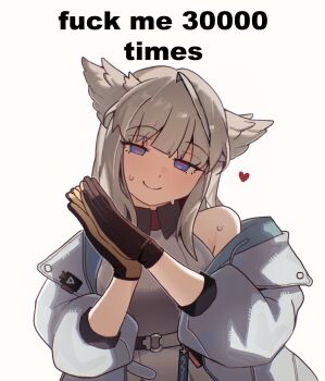 1girl animal_ears arknights arknights:_endfield bird_ears bird_girl black_gloves blue_eyes closed_mouth earrings english_text gloves grey_hair half-closed_eyes hands_up heart heart-shaped_pupils highres jacket jewelry long_hair looking_at_viewer meme multicolored_gloves naughty_face oniiyanna open_clothes open_jacket own_hands_together paypal_me_x_(meme) perlica_(arknights) profanity red_pupils simple_background smile solo sweat symbol-shaped_pupils two-sided_gloves two-tone_gloves upper_body white_background white_jacket yellow_gloves