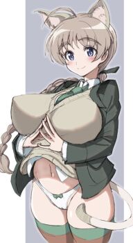 Rule 34 | 1girl, animal ears, blue eyes, blush, bow, bow panties, breasts, cameltoe, cat ears, cat tail, closed mouth, green necktie, grey background, hair ribbon, kin-san (sasuraiga), large breasts, looking at viewer, lynette bishop, navel, necktie, panties, ribbon, simple background, smile, solo, strike witches, striped clothes, striped thighhighs, tail, thighhighs, underwear, white panties, world witches series