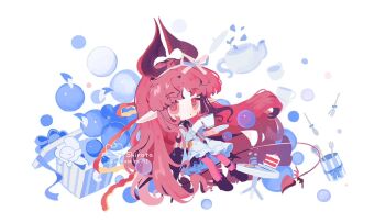 Rule 34 | 1girl, :o, absurdly long hair, arknights, black shoes, bubble, cake, cake slice, chibi, commentary, cup, demon girl, demon horns, demon tail, dress, food, fork, gift, holding, holding cup, holding plate, horns, long hair, looking at viewer, nymph (arknights), nymph (sweetness to the heart) (arknights), official alternate costume, pantyhose, pink eyes, pink hair, pink pantyhose, plate, pointy ears, saucer, shirota (petapeta84), shoes, simple background, solo, spoon, table, tail, teacup, teapot, very long hair, white background, white dress