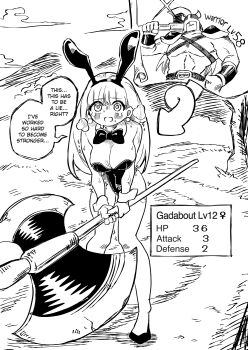 arrow_(symbol) axe black_leotard blush bow bowtie breasts cloud cloudy_sky collar cuffs dragon_quest dragon_quest_iii earrings exhausted fake_horns gadabout_(dq3) gauntlets genderswap genderswap_(mtf) helmet high_heels highres horned_headwear horned_helmet horns jewelry large_breasts leotard long_hair monochrome mountainous_horizon nail_polish open_mouth path playboy_bunny pumps rabbit_ears road sky straight_hair struggling tearing_up translated tree trembling warrior warrior_(dq3) wide-eyed