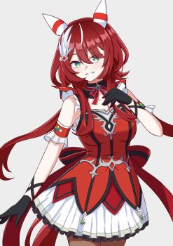 1girl absurdres animal_ears black_gloves blush breasts brown_pantyhose closed_mouth commentary_request dress ear_covers ear_ornament feather_hair_ornament feathers gloves green_eyes hair_between_eyes hair_ornament highres horse_ears horse_girl horse_tail long_hair looking_at_viewer low_twintails medium_breasts minaduki0707 open_mouth pantyhose red_dress red_hair simple_background sleeveless sleeveless_dress smile solo tail twintails umamusume win_variation_(dramatic_tutu)_(umamusume) win_variation_(umamusume)