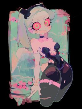 1girl adapted_costume animal_ear_hairband animal_ears artificial_eye bare_shoulders black_leotard breasts cleavage colored_sclera colored_skin covered_navel cyberpunk:_edgerunners cyberpunk_(series) cyborg detached_collar fake_animal_ears fake_tail green_hair hairband highleg highleg_leotard highres leotard long_hair looking_at_viewer mechanical_eye neck_tattoo pantyhose pink_tattoo playboy_bunny rabbit_ear_hairband rabbit_ears rabbit_tail rebecca_(cyberpunk) red_pupils red_sclera smile solo stomach_tattoo strapless strapless_leotard tail tattoo twintails usa37107692 white_skin white_wrist_cuffs wrist_cuffs