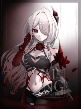 1girl acheron_(honkai:_star_rail) ahoge armor belt blood bloody_tears breasts buckle choker cleavage colored_skin commentary cracked_skin crop_top detached_sleeves flower hair_ornament hair_over_one_eye highres honkai:_star_rail honkai_(series) long_hair midriff navel nqrismz pale_skin red_eyes red_flower red_skin shorts shoulder_armor strap very_long_hair watermark white_hair