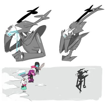 1boy 1girl 2others armor covered_face cup deltarune drinking drinking_glass full_armor helmet highres kris_(dark_world)_(deltarune) kris_(deltarune) multiple_others multiple_views ralsei rdif_hk roaring_knight sequential standing susie_(dark_world)_(deltarune) susie_(deltarune) utdr_(toby_fox) water white_background