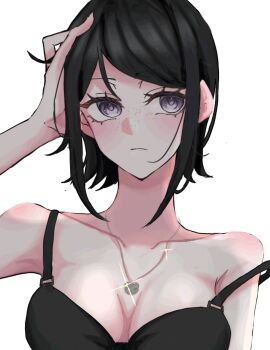 Rule 34 | 1girl, bare shoulders, black hair, closed mouth, collarbone, dan ziye lei, danganronpa: trigger happy havoc, danganronpa (series), freckles, grey eyes, hand up, highres, ikusaba mukuro, jewelry, necklace, shiny skin, shirt, short hair, simple background, solo, white background
