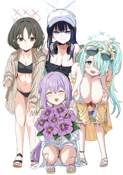 4girls arius_squad_(blue_archive) atsuko_(blue_archive) atsuko_(swimsuit)_(blue_archive) baseball_cap bikini black_bikini black_hair blue_archive breasts cleavage commentary_request flower hair_over_one_eye halo hat highres hiyori_(blue_archive) hiyori_(swimsuit)_(blue_archive) huge_breasts large_breasts long_hair medium_breasts misaki_(blue_archive) misaki_(swimsuit)_(blue_archive) multiple_girls official_alternate_costume paint_chat_(medium) purple_hair rumiya9i saori_(blue_archive) saori_(swimsuit)_(blue_archive) short_hair side_ponytail swimsuit white_bikini