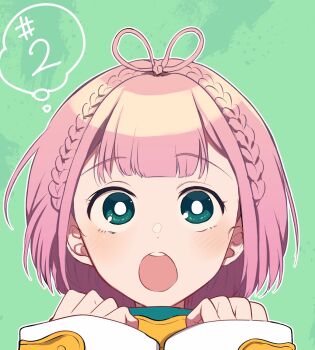 Rule 34 | 1girl, blush, braid, female focus, green eyes, hands up, highres, open mouth, pink hair, pochi (pochi-goya), porta (okaa-san online), portrait, round teeth, short hair, solo, surprised, teeth, tsuujou kougeki ga zentai kougeki de ni-kai kougeki no okaasan wa suki desu ka?, upper teeth only