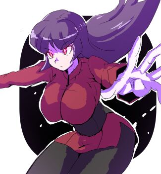 Rule 34 | 1girl, blunt bangs, bodysuit, bodysuit under clothes, breasts, cropped jacket, gloves, glowing, glowing eyes, highres, jacket, large breasts, long hair, long sleeves, nintendo, pantyhose, pencil skirt, pokemon, pokemon frlg, purple hair, red eyes, sabrina (pokemon), side slit, skirt, solo, straight hair, tomozawa mamoru, turtleneck, turtleneck jacket, white gloves