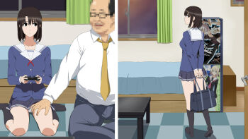 1boy 1girl age_difference bag balding bed bedroom black_eyes black_hair breasts censored coffee_table collared_shirt controller cottage curtains eye_contact facing_viewer fat fat_man full_body game_controller gamepad glasses hand_on_another's_thigh hetero highres censored_identity katou_megumi looking_at_another looking_at_viewer looking_back mosaic_censoring night no_shoes on_floor panties panty_peek pleated_skirt poster_(object) saenai_heroine_no_sodatekata school_bag school_uniform sequential serafuku shirt short_hair sitting skirt socks standing table tagme underwear wariza white_shirt window yellow_neckwear