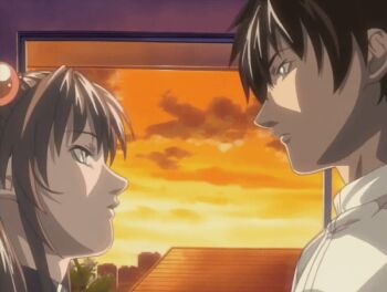 00s 1boy 1girl 2003 animated animated_gif bible_black brown_hair closed_eyes green_eyes hair_ornament hand_on_chin imari_kurumi kiss lowres minase_taki ponytail pushing shirt side_ponytail smile sunset tagme