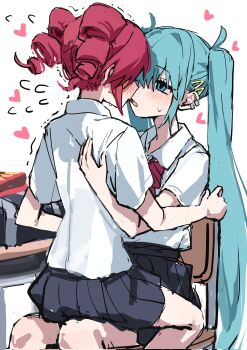 Rule 34 | 2girls, black skirt, blue eyes, blue hair, chair, collared shirt, commentary request, desk, drill hair, earclip, flying sweatdrops, food, hatsune miku, heart, highres, kasane teto, long hair, multiple girls, pleated skirt, pocky, pocky day, pocky kiss, red hair, school chair, school desk, school uniform, shared food, shirt, simple background, sitting, sitting on lap, sitting on person, skirt, trembling, twin drills, twintails, utau, vocaloid, white background, white shirt, yuri, yuuri (0914yuuri k)