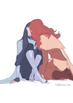 Rule 34 | 2girls, absurdres, armor, black hair, boots, brown boots, brown capelet, cape, capelet, commentary, diana (league of legends), dress, grey boots, grey cape, hashtag-only commentary, highres, homeles bian, kiss, league of legends, leona (league of legends), long hair, multiple girls, red dress, red hair, simple background, twitter username, white background, yuri