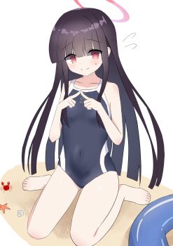 1girl absurdres black_hair black_one-piece_swimsuit blue_archive blunt_bangs competition_school_swimsuit crab hair_over_eyes halo highres innertube justice_task_force_member_(blue_archive) loli one-piece_swimsuit red_eyes red_halo school_swimsuit simple_background sitting solo spiral-tan starfish swim_ring swimsuit two-tone_swimsuit wariza white_background