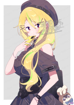 1girl black_shirt black_skirt blonde_hair blush border bracelet brown_hat cellphone closed_mouth clothing_cutout commentary_request dot_nose green_streaks grey_background hair_between_eyes hair_ornament hat highres holding holding_phone jewelry long_hair looking_at_viewer magia_record:_mahou_shoujo_madoka_magica_gaiden mahou_shoujo_madoka_magica multicolored_hair outside_border phone pleated_skirt red_eyes serizawa_serizane shirt short_sleeves shoulder_cutout simple_background skirt smartphone solo streaked_hair togame_momoko upper_body watermark white_border x_hair_ornament