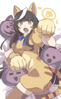 Rule 34 | 1girl, ahoge, animal ears, animal hands, black hair, calstone light o (umamusume), cat, cat paws, commentary request, highres, horse ears, horse girl, long hair, looking at viewer, multicolored hair, nazono77, open mouth, streaked hair, stuffed toy, thighhighs, umamusume, white background, yellow eyes