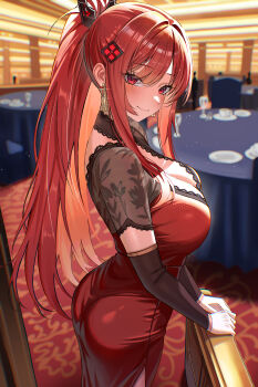 1girl absurdres alternate_costume ass breasts champagne_flute cleavage commentary_request cup dress drinking_glass earrings elker from_side goddess_of_victory:_nikke gold_earrings hair_ornament highres jewelry lace_trim large_breasts long_hair looking_at_viewer official_alternate_hair_color official_alternate_hairstyle plate ponytail rapi_(nikke) rapi_(red_hood)_(nikke) red_carpet red_dress red_eyes red_hair solo table